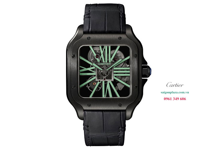 Đồng hồ dây da nam màu đen Cartier Santos De Cartier Skeleton WHSA0018