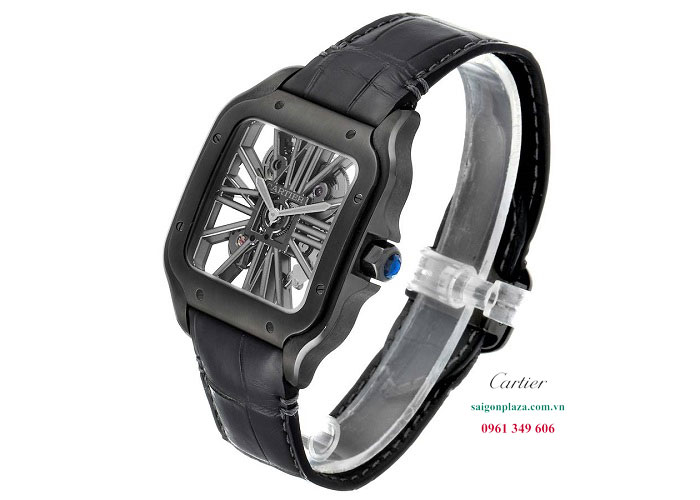 Đồng hồ đen xước mờ dây da Cartier Skeleton WHSA0018