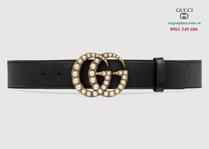 Dây nịt Gucci nữ chính hãng Gucci Leather Belt With Pearl Double G