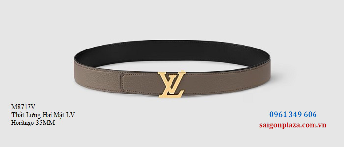 Thắt lưng hàng hiệu Louis Vuitton LV nam chính hãng khóa vàng 24k 18k dây hai mặt ghi đen LV Heritage M8717V