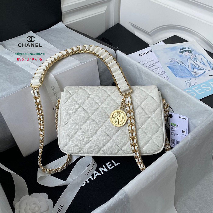 túi chanel màu trắng da mềm chính hãng Chanel Grained Calfskin AS2528 màu trắng
