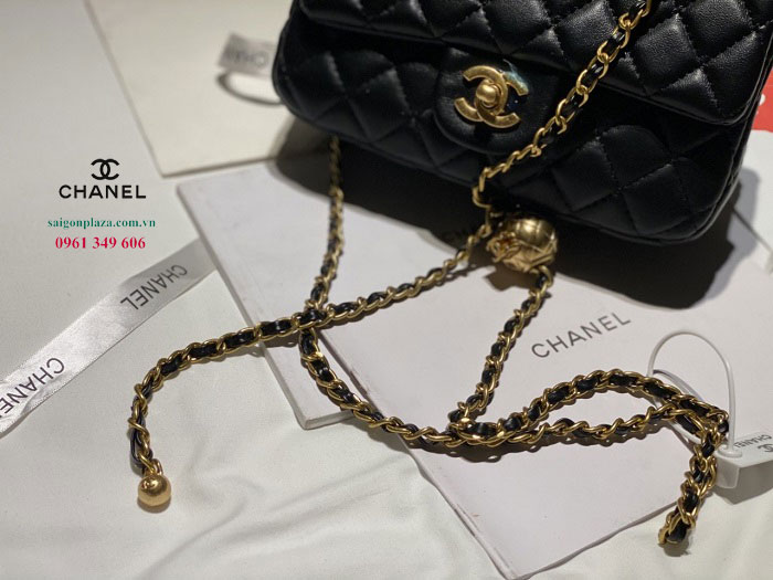 Túi nữ da thật chanel dây da xích vàng Chanel 8 quả cầu Flap Bag