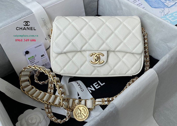 túi da chanel nữ hàng chuẩn authentic ref 1:1 màu trắng Chanel Grained Calfskin AS2528