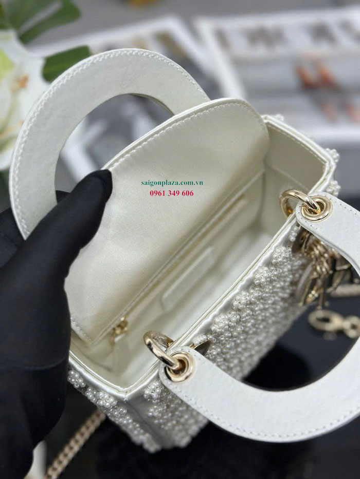 Túi Dior nữ túi nữ cỡ size vừa 24cm túi da pha lê ngọc trai Dior Lady Pearl Cannage D17924