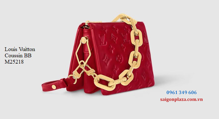 Túi da màu đỏ có hai dây đeo dây xích vàng và dây quai da Louis Vuitton LV Coussin BB M25218 red size 21cm