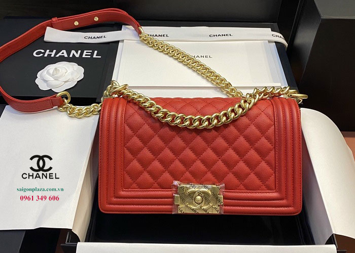 Túi xách Chanel nữ màu đỏ chính hãng Chanel boy da Caviar đỏ