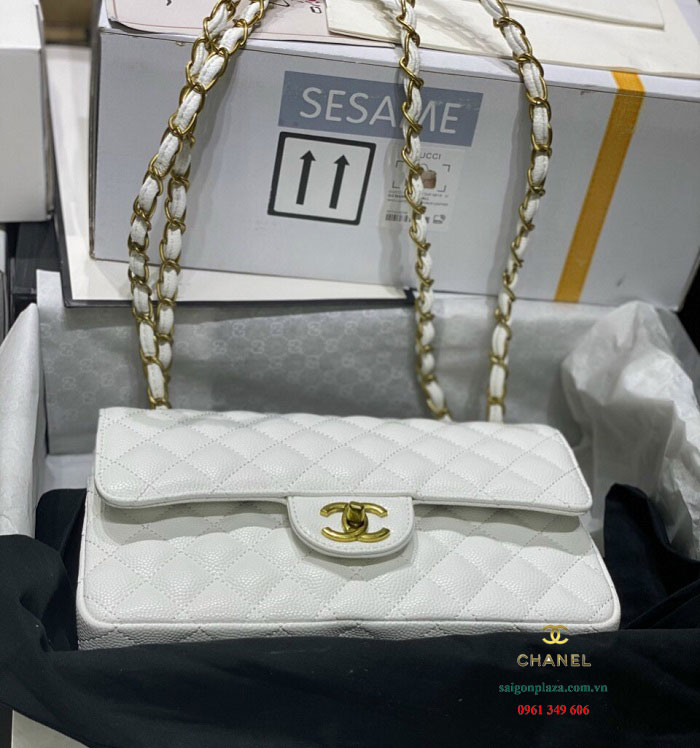 Túi màu trắng nữ da sần da hột da hạt Chanel 2.55 Classic