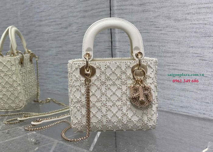 Túi nữ ngọc trai cao cấp Dior Lady Pearl Cannage D17924 size 24cm Túi xách nữ ngọc trai màu trắng Dior Lady Pearl Cannage D17924 size 24cm