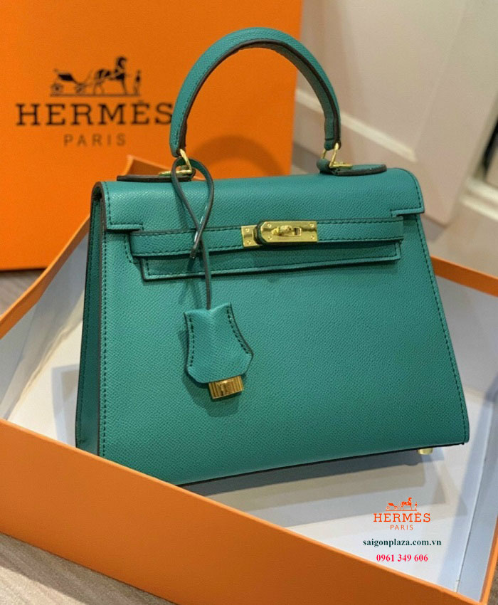 Túi da nữ màu xanh cao cấp Hermes Kelly Bag
