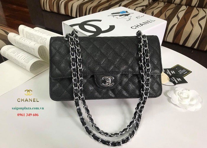Túi xách nữ cao cấp Chanel 2.55 da hột dây xích bạc khóa bạc