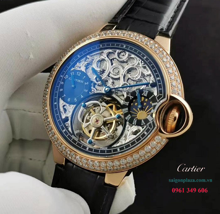 Đồng hồ Cartier nam chính hãng Cartier Tourbillon Diamond W25920 Ballon Bleu Skeleton