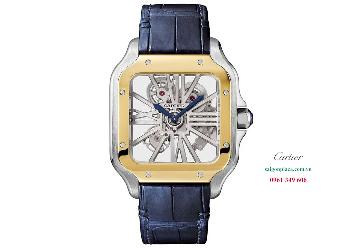 Đồng hồ Cartier nam mặt vuông dây da Santos Skeleton WHSA0012