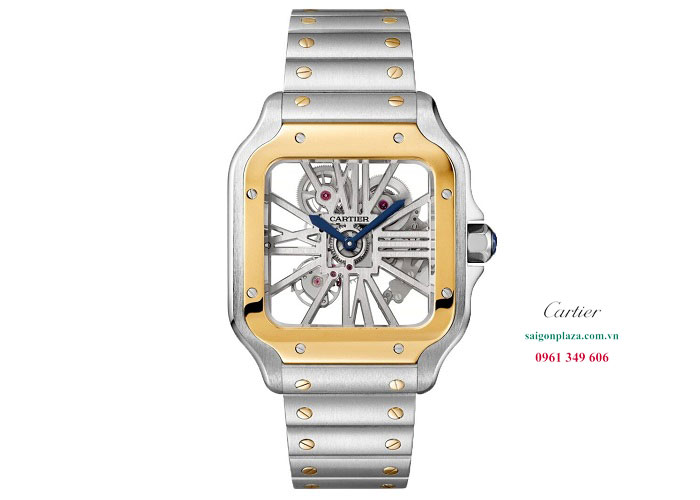 Đồng hồ nam Cartier mặt vuông dây thép Cartier Skeleton WHSA0012
