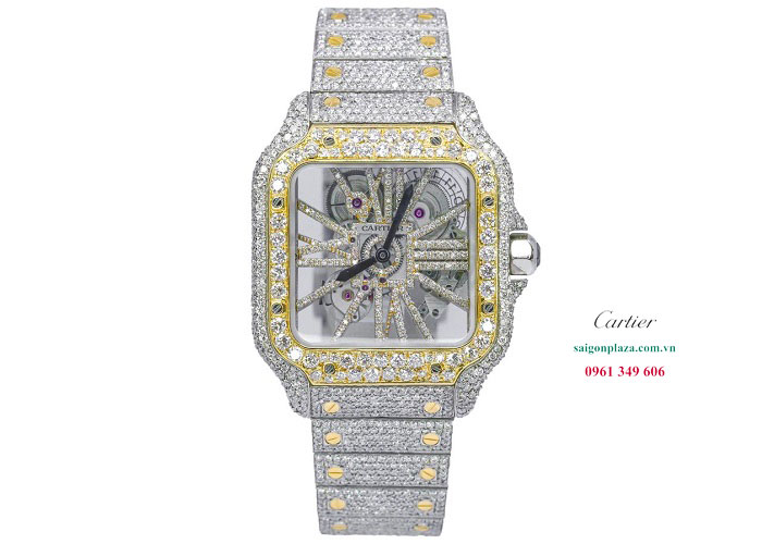 Đồng hồ nam bọc vàng kim cương Cartier Santos Skeleton WHSA0019