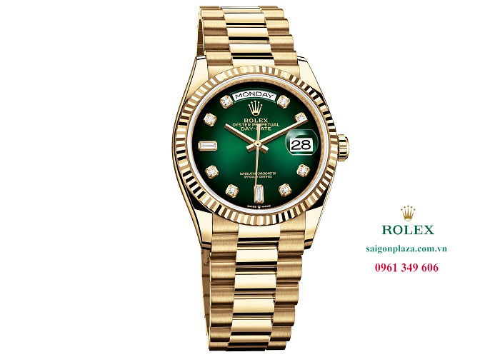 Đồng hồ đeo tay phong thủy mệnh hỏa Rolex Day-Date 128238 0069 Mặt số Ombre xanh lá