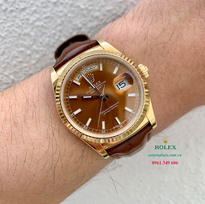 Đồng hồ nam màu nâu size nhỏ 36 Rolex Day Date 118138