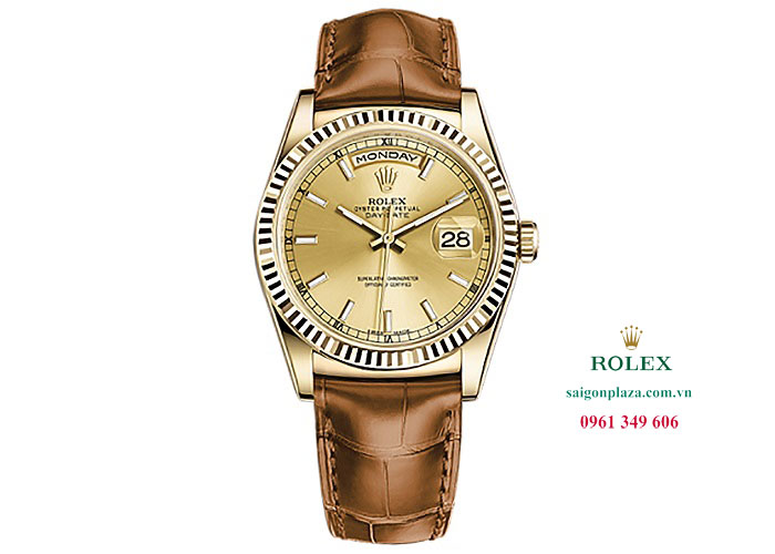 Đồng hồ Rolex mặt số vàng 18k dây da nâu Day Date 118138