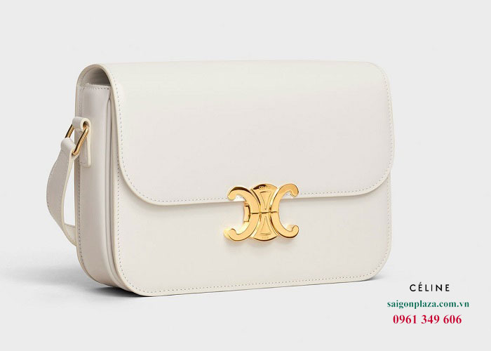 Túi nữ da thật màu trắng Celine Triomphe Shoulder Bag In Shiny Calfskin chính hãng