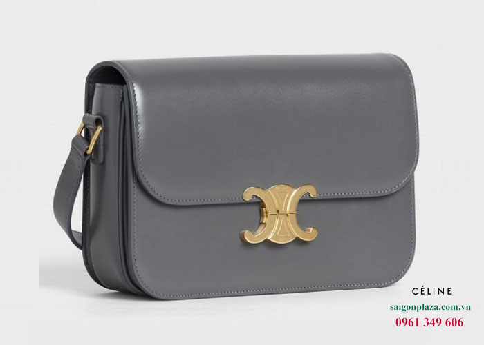 Túi da Celine Triomphe Shoulder Bag In Shiny Calfskin màu xám chính hãng