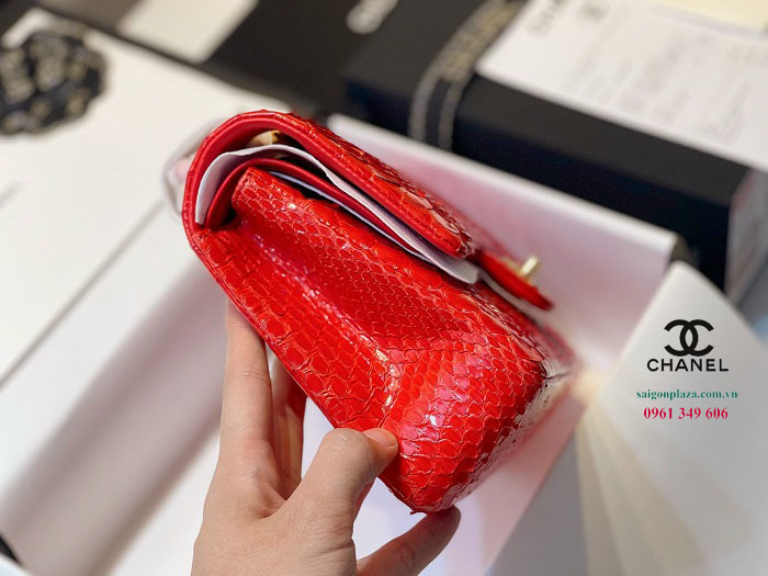 túi xách tay nữ Chanel classic da trăn mãng xà màu đỏ