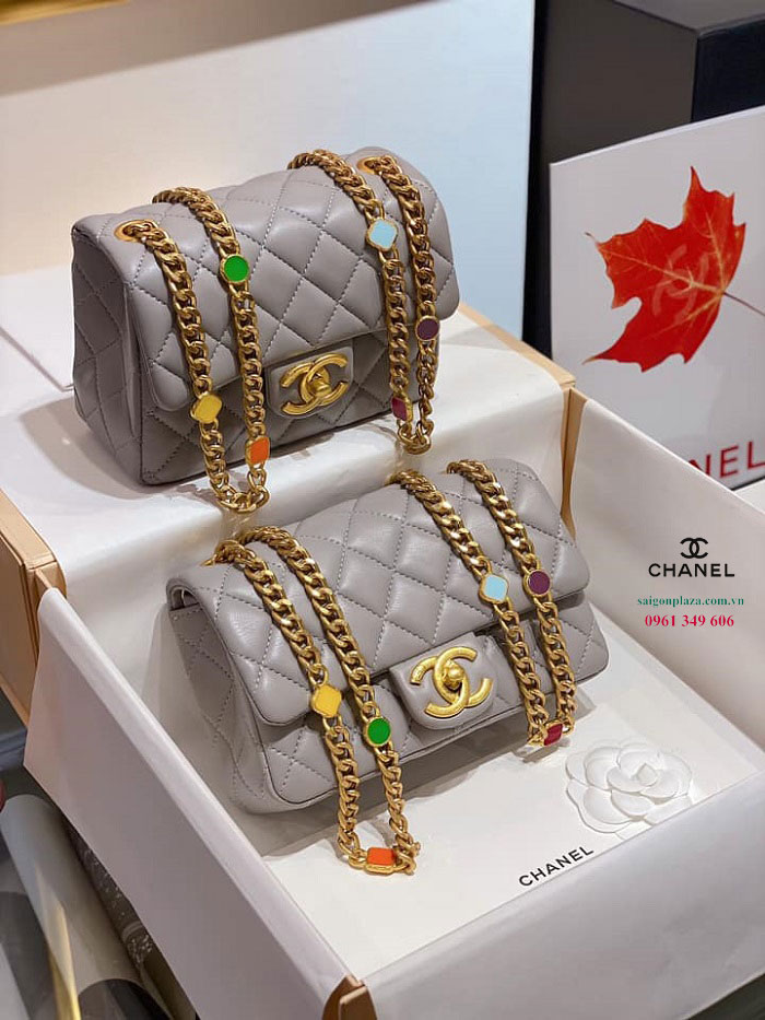 Túi nữ đẹp Chanel Classic dây vàng khóa vàng đính đá